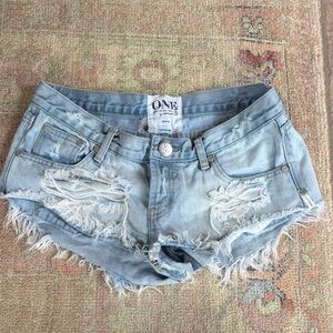 One Teaspoon Bonitas Faded Blue Frayed Denim Shorts